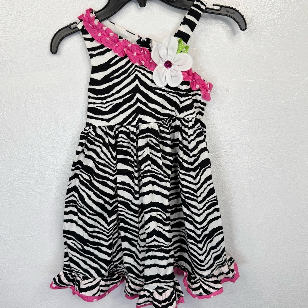 Rare Editions Girls Dress Size 4 Zebra Print Pink Ruffle Flower Accent